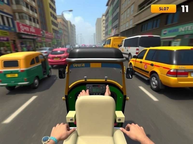 Desi Tuk Tuk Mayhem Game Screenshot showcasing chaotic Indian street driving with auto-rickshaw navigating Mumbai traffic